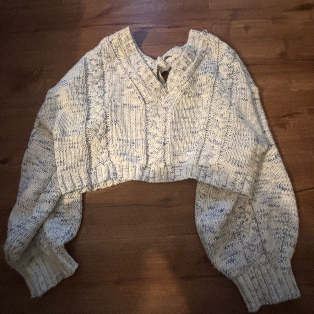 Altar'd State Cream and Blue V-Neck Cable Knit Sweater